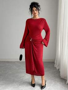 Elenzga Christmas Plus Size Autumn/Winter Knit Round Neck Cinched Waist Ruched Long Sleeve Mermaid Maxi Dress Burgundy Dress Red Long Sleeve Dress Red Curve Dress Ruched Dress Twist Front Dress Red Midi Dress Long Sleeve Elegant Dress Curve Elegant Dress Ruched Midi Dress Red Elegant Dress For Women Chinese New Year New Year Valentine's Day Christmas - Burgundy - View 3