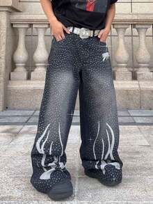 ROMWE MEN Street Life Men's Loose Fit Rhinestone Embellished Wide Leg Jeans - Black - View 3