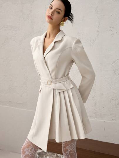 Heiryn Women's Solid Color Lapel NeckLong Sleeve Pleated Hem Elegant Mini Dress White Blazer Dress Skirt Suit Suit Dress