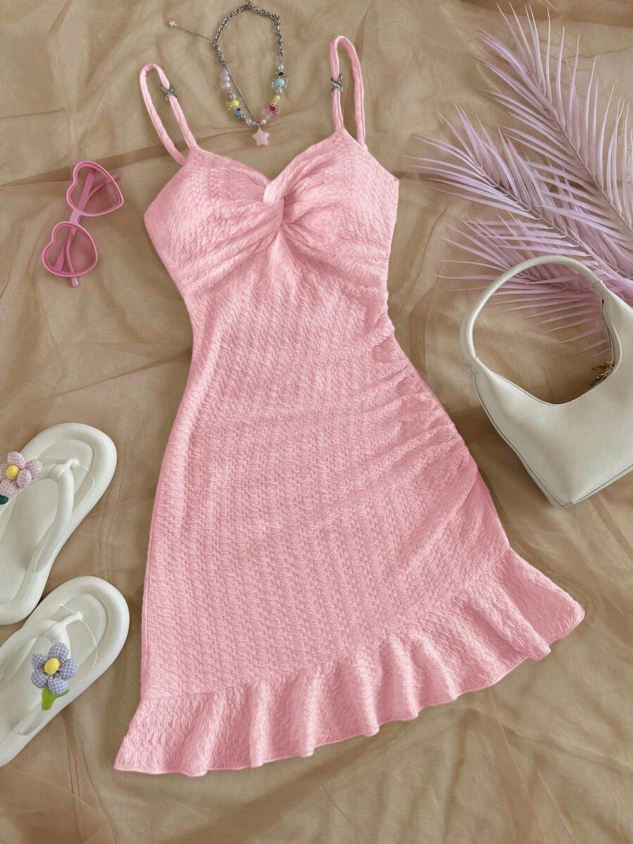 Soleia 女式不对称白色针织纹理扭纹胸围荷叶边下摆腰身修身迷你连衣裙，适合度假派对 - 粉色 - 查看 1