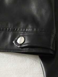 SHEIN Sparklyn 青少年女孩纯色翻领长袖拉链休闲 PU 皮革机车夹克 - 黑色 - 查看 7