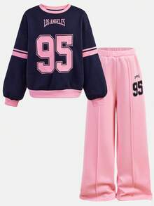 Girlism 少女休闲学院风街头字母数字印花圆领卫衣搭配高腰阔腿直筒针织裤套装，灰色返校穿搭套装，灰色女童运动裤套装 - 彩色 - 查看 15