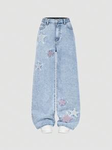 SHEIN ChillGRL 少女新款时尚做旧雪花刺绣宽松阔腿牛仔裤，Y2K学院风，街头风，休闲，可爱，复古，千禧年代风格