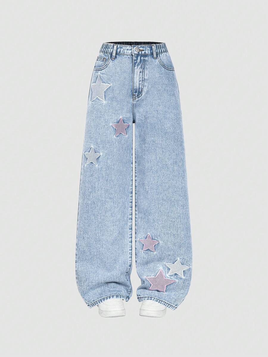 SHEIN ChillGRL 少女新款时尚做旧雪花刺绣宽松阔腿牛仔裤，Y2K学院风，街头风，休闲，可爱，复古，千禧年代风格