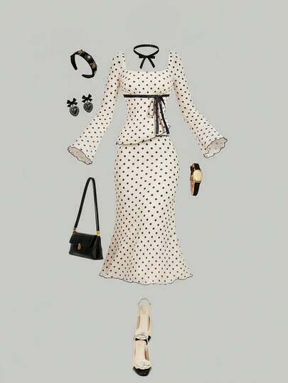 SHEIN MOD Bộ áo và chân váy chấm bi bất đối xứng màu đen cỡ lớn, thắt nơ màu mơ