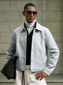 AKNOTIC Business Casual 男士休闲单排扣浅灰色短款衬衫外套，秋冬季，新年魅力 - 藍白色 - 查看 1