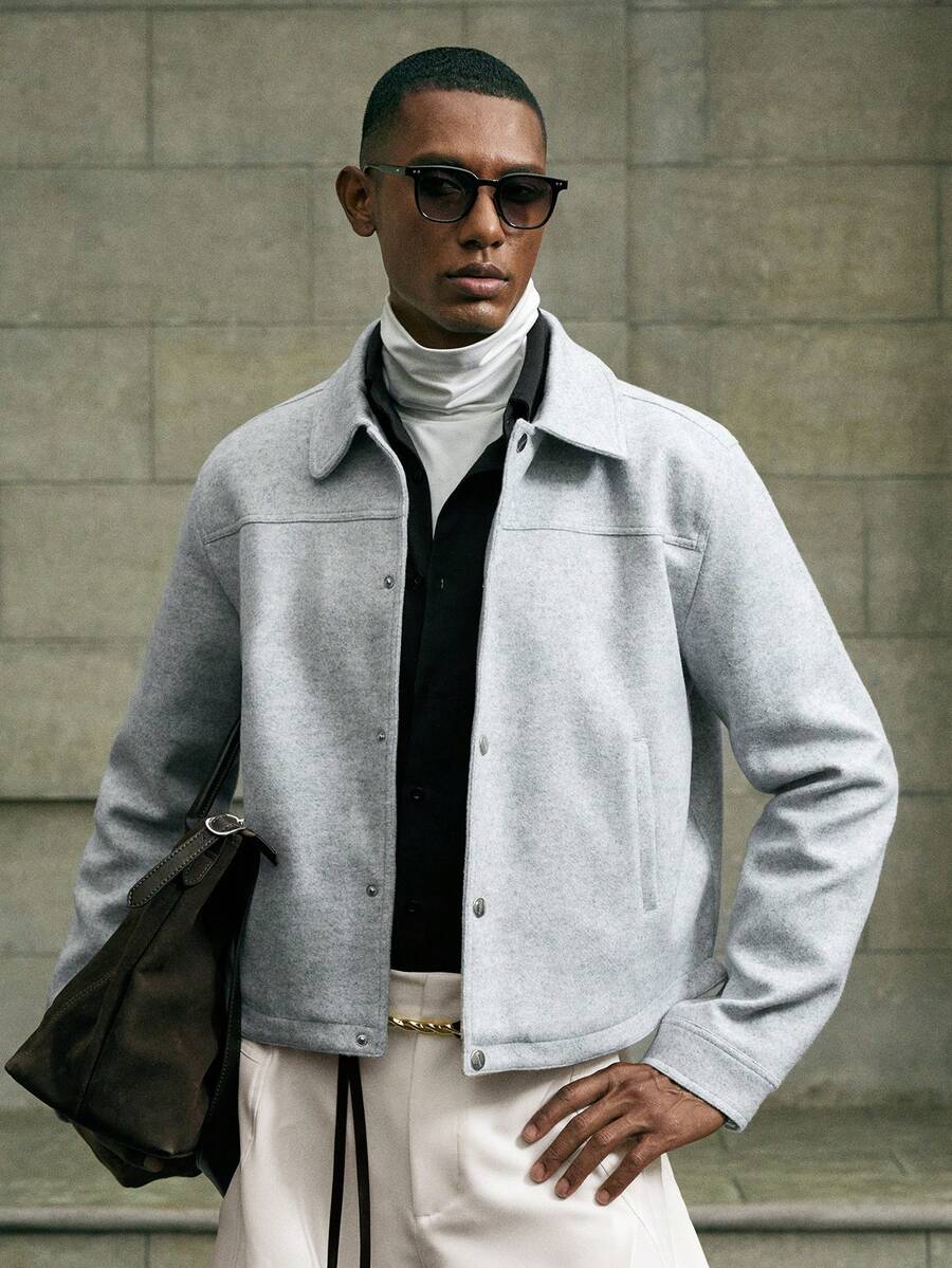 AKNOTIC Business Casual 男士休闲单排扣浅灰色短款衬衫外套，秋冬季，新年魅力 - 藍白色 - 查看 1