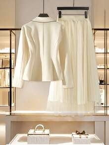 GlowEve 女士杏色束腰西装外套+网纱长裙优雅时尚套装