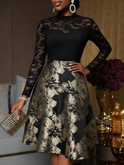 Lyxana Elegante 2-delige set voor dames met kanten patchwork, doorschijnend T-shirt en A-lijn rok