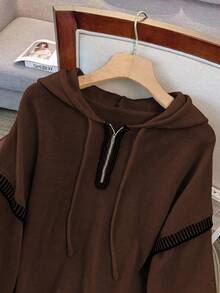 Franclia Plus Size Women Contrast Trim Hooded Half Zip Pullover Sweatshirt - Coffee Brown - View 5
