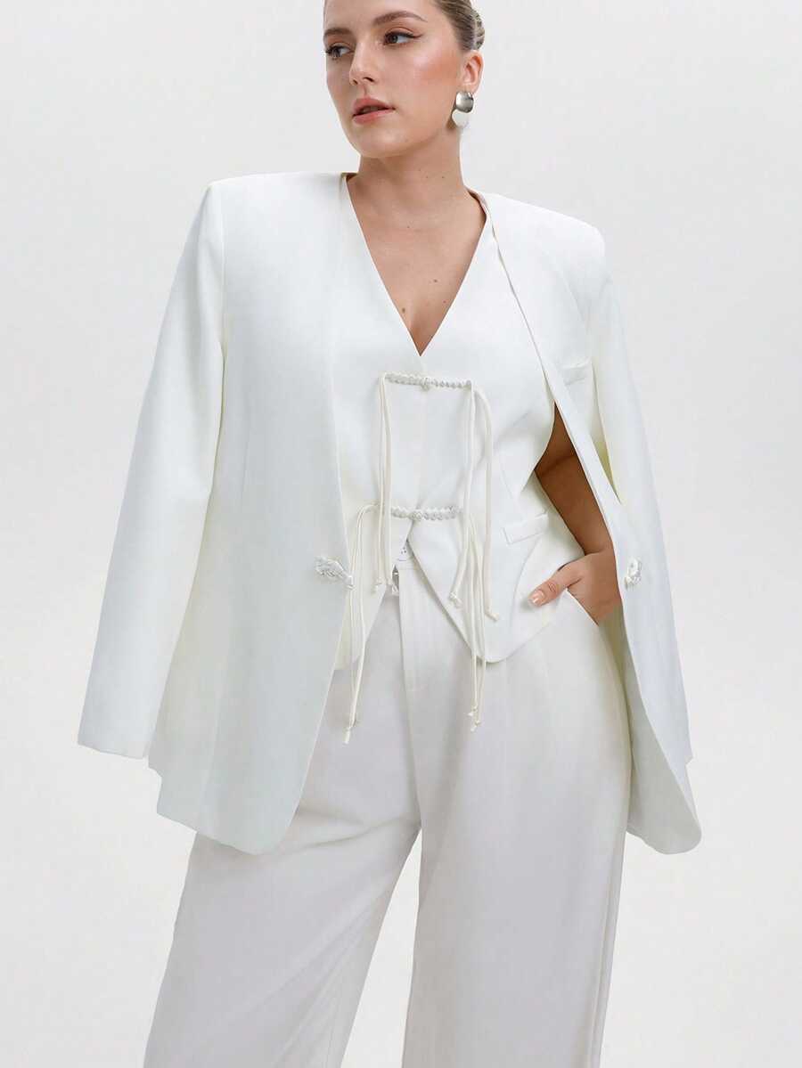 Aveloria Modichic 2pcs Women's Chinese Style Exquisite Button Vest & Long Sleeve Collarless Blazer Set - Beige - View 1