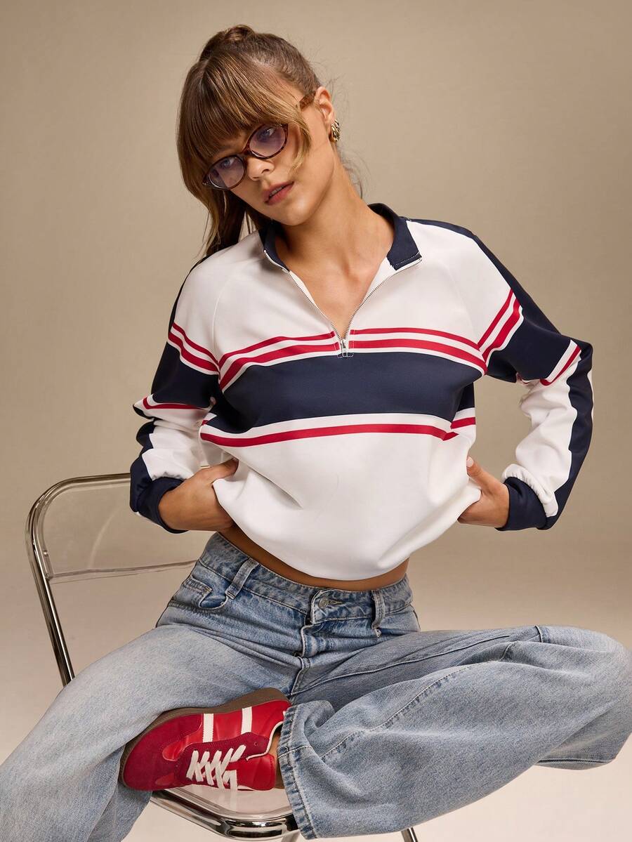 Hanevo Women's Fashion Elegant American Striped Retro Sporty Metallic Zipper Half-Zip Stand Collar Raglan Sleeve Loose Casual Sweatshirt - Multicolor - View 1