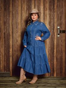 EMERY ROSE Váy denim đính đá phong cách phương Tây cổ điển cỡ lớn dành cho nữ - Rửa tối - Xem 4