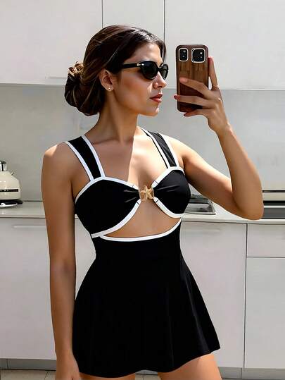 Bonvoyette Women's Summer Vacation Party Beach Contrast Piping Hollow Metallic Starfish Decor Swimsuit Jumpsuit Dress Black Tankini Swimming Dress Underwire Tankini Skirt Swimsuit Set Black Bathing Suit Plus Bathing Suits For Women Black Black And White Swimsuit