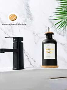 11.80Z Glass Mouthwash Dispenser ForBathroom With Stainless Steel & BambooNozzle, Mouthwash Cup Reusable, BambooTray, And Elegant Gold Sticker.(Clear - Multicolor - View 11