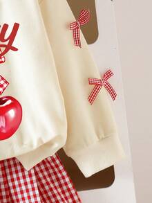 Elladie kids 两件套女童樱桃字母图案衬衫领长袖卫衣搭配格子百褶裙，可爱休闲甜美简约春秋季穿搭 - 杏色 - 查看 4