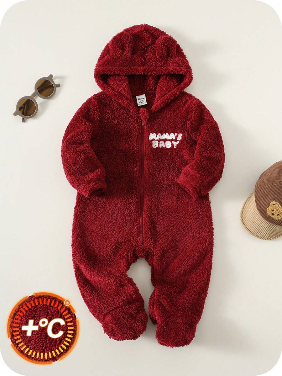 SHEIN 新生儿男女宝宝可爱毛绒字母印花连帽连体衣，男女宝宝冬季、新年、圣诞节通用服装 - 彩色 - 查看 1