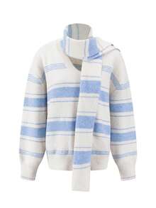 GlowEve Women's Lazy Knit Sweater, Loose V-Neck Knitted Top With Scarf Set, Cozy Winter - Blue and White - View 10