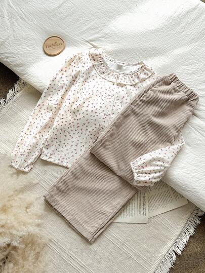 Vintaside Kids Set de 2 camisetas de manga larga con cuello redondo y adorno de encaje floral en color albaricoque para niñas, talla grande