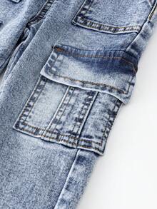 SHEIN Quần denim túi hộp dáng ôm màu xanh nhạt, đơn giản, dễ phối đồ cho bé trai, cạp chun, thoải mái và đa năng khi mặc hàng ngày, sản phẩm thời trang dành cho bé yêu - Rửa trung bình - Xem 6