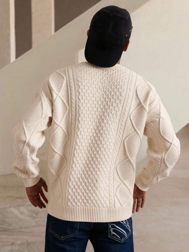Men's Solid Color Half-Zip Textured Knit Sweater, Autumn/Winter