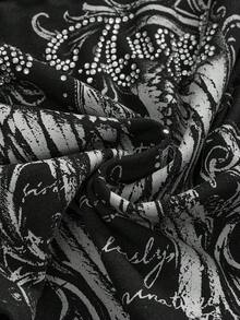 ROMWE Grunge Punk Y2K Sexy Punk Style Wing & Vine Print Rhinestone Embellished Off-Shoulder Long Sleeve Women T-Shirt - Black - View 4