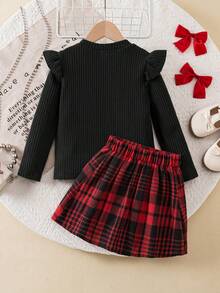 Elladie kids Toddler Girls Casual Sweet Knitted Bow Decor Ruffle Hem Long Sleeve Top + Elastic Waist Pleated Skirt, Suitable For Daily Wear, Casual Outing