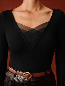 Anewsta Sexy Mesh Sheer Deep V-Neck Long Sleeve Base Layer Top, Suitable For Fall, Winter, Spring, New Year, Party, Wedding, Elegant, Chic, Stylish, Christmas, Festival, Holiday, Going Out, Casual - Black - View 1