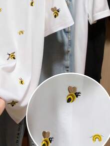 INAWLY Women's Casual Bee Embroidery Short Sleeve T-Shirt, Summer - White - View 3