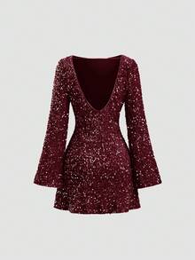 Sweetra Sequin Backless Mini Dress, Valentine's Day Outfits - Burgundy - View 2