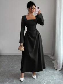 Siren Gaze Đầm suông dài tay loe cổ vuông màu trơn cho nữ, eo thắt eo - màu đen - Xem 1