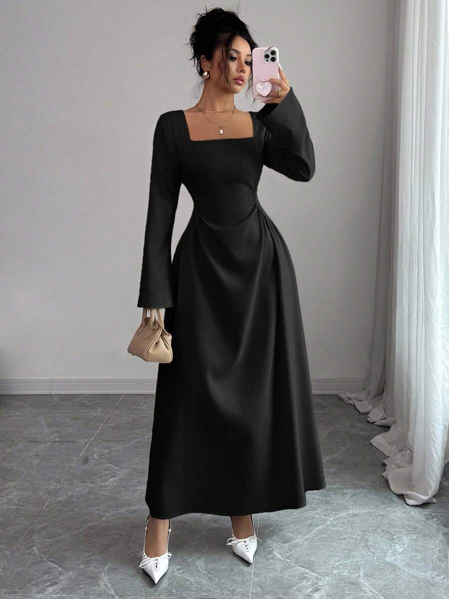 Siren Gaze Đầm suông dài tay loe cổ vuông màu trơn cho nữ, eo thắt eo - màu đen - Xem 1