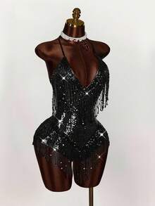 Amplova Bộ đồ liền thân hở lưng tua rua đính kim sa Halloween COS - màu đen - Xem 3