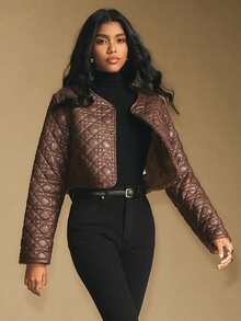 Poéselle Women's Solid Color Long Sleeve Metal Button Front Casual Short Winter Jacket - Brown - View 7