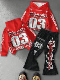 SHEIN 2pcs/Set Boys Casual Loose Comfortable Thickened Hoodie And Flared Pants Set, Suitable For Autumn/Winter