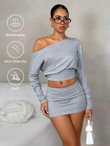 SHEIN Glamour Fashionable & Minimalist Gray Knit Elastic Asymmetrical Shoulder Long Sleeve Top, Low-Waist Bodycon Mini Skirt, Women 2-Piece Set, Suitable For Daily Outings, Photo Shoots, Afternoon Tea Gatherings, Autumn/Winter,Halloween,Christmas ,New Year,Party ,Wedding,Beach,Elegant,Sweater Set,Flower Grey Grey Two Piece Set Long Sleeve Crop - Grey - View 3