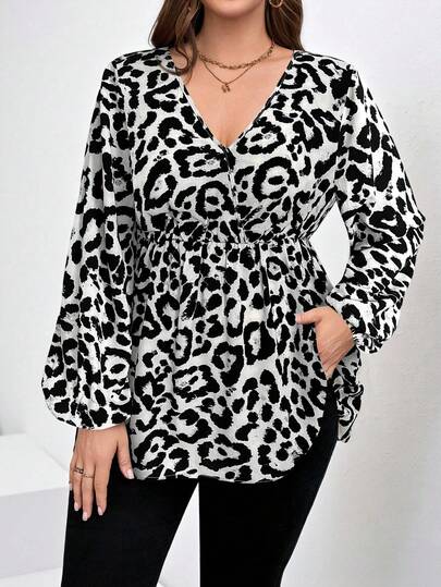 Chikora Plus Size Leopard Print Casual V-Neck Long Sleeve Shirt
