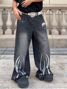 ROMWE MEN Street Life Men's Loose Fit Rhinestone Embellished Wide Leg Jeans - Black - View 5