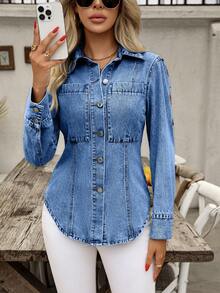 EMERY ROSE 休闲优雅刺绣女士长袖牛仔外套 - 中等水洗藍 - 查看 6