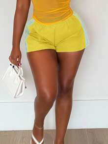 Alexandranx 女士黄色侧条纹松紧腰宽松休闲短裤，夏季 - 黃色 - 查看 6