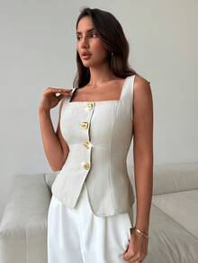 Aloruh Women's Khaki Square Neck Cinched Waist Metal Buckle Camisole, Spring/Summer - Khaki - View 4