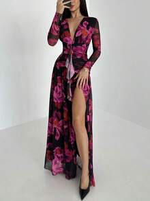 Aloruh Women's Romantic Long Sleeve Floral Print Sexy Deep V Ruched Bodycon Maxi High Slit Dress, Autumn/Winter - Black - View 7