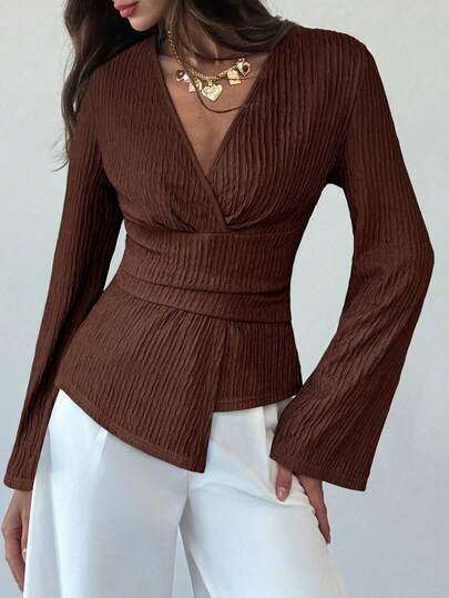 Elenzga Women's Asymmetric Textured Waist Blouse, Suitable For Dates And Commuting, Autumn/Winter