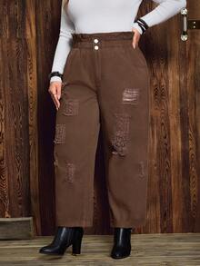 EMERY ROSE 大码休闲复古纯色破洞牛仔裤 - 鏽棕色 - 查看 1