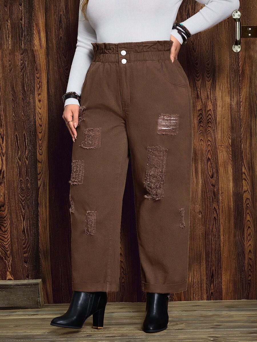 EMERY ROSE 大码休闲复古纯色破洞牛仔裤 - 鏽棕色 - 查看 1