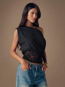 SHEIN BAE Women's Fashionable Black Knit Lace Patchwork Oblique Shoulder Top, Summer Tops,Going Out Top,Elegant Top,Vacation Top,Black Top,Casual Blouses For Women - Black - View 5
