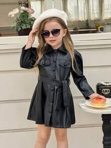 SHEIN Elladie kids Young Girl Casual Fashion Long Sleeve Single-Breasted Leather Jacket - Black - View 3