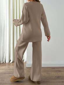 EURMUSE 2pcs/Set Women's Fashionable Design Loose Slit Knit Sweater And High Waist Wide Leg Pants Set, Autumn/Winter - Beige - View 5