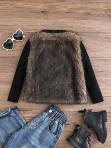SHEIN Young Girl Furry Open Front Fuzzy Coat Sleeveless Vest - Brown - View 2