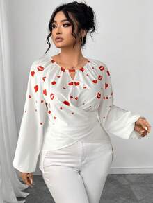 SHEIN Elenzya Áo cánh nữ in hình trái tim và môi quấn chéo thời trang thu đông cỡ lớn, thanh lịch, thích hợp cho ngày lễ tình nhân - Đỏ và trắng - Xem 4